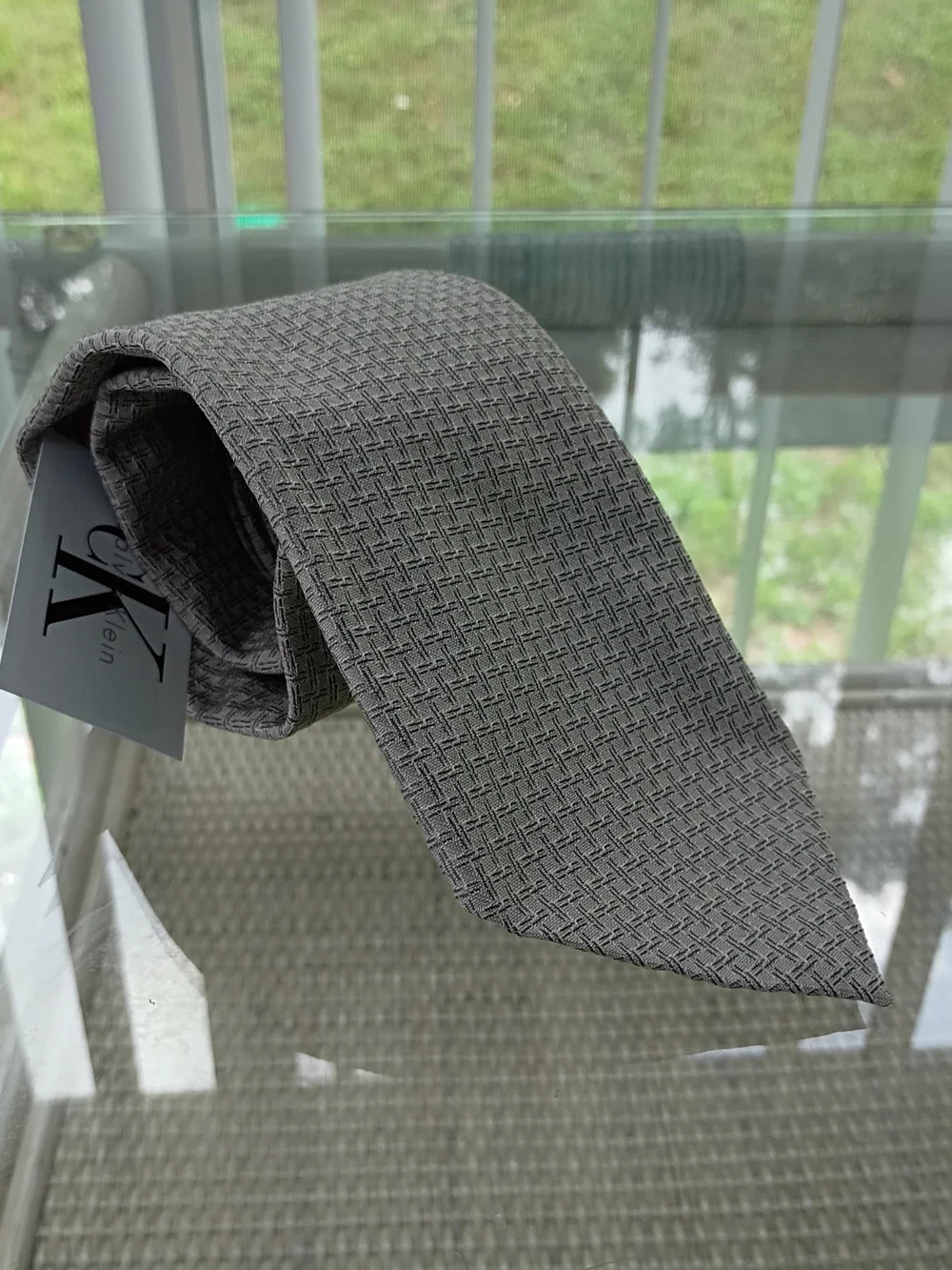 Calvin Klein Tie Gray Necktie Geometric Silk Wool Polyester Made In USA 55